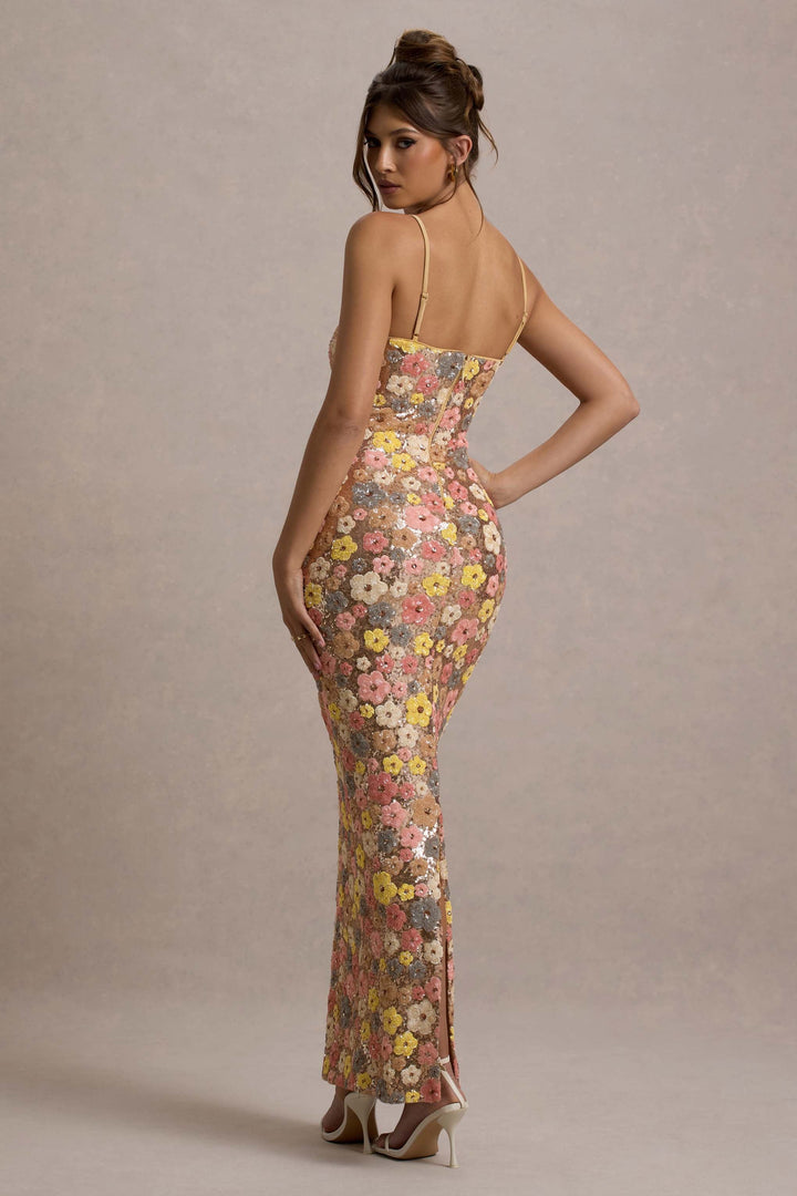 Damen Maxikleid mit Blumenmuster Paillettenoberfläche Spaghettiträgern und Geradem Ausschnitt