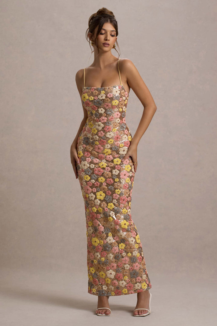 Damen Maxikleid mit Blumenmuster Paillettenoberfläche Spaghettiträgern und Geradem Ausschnitt