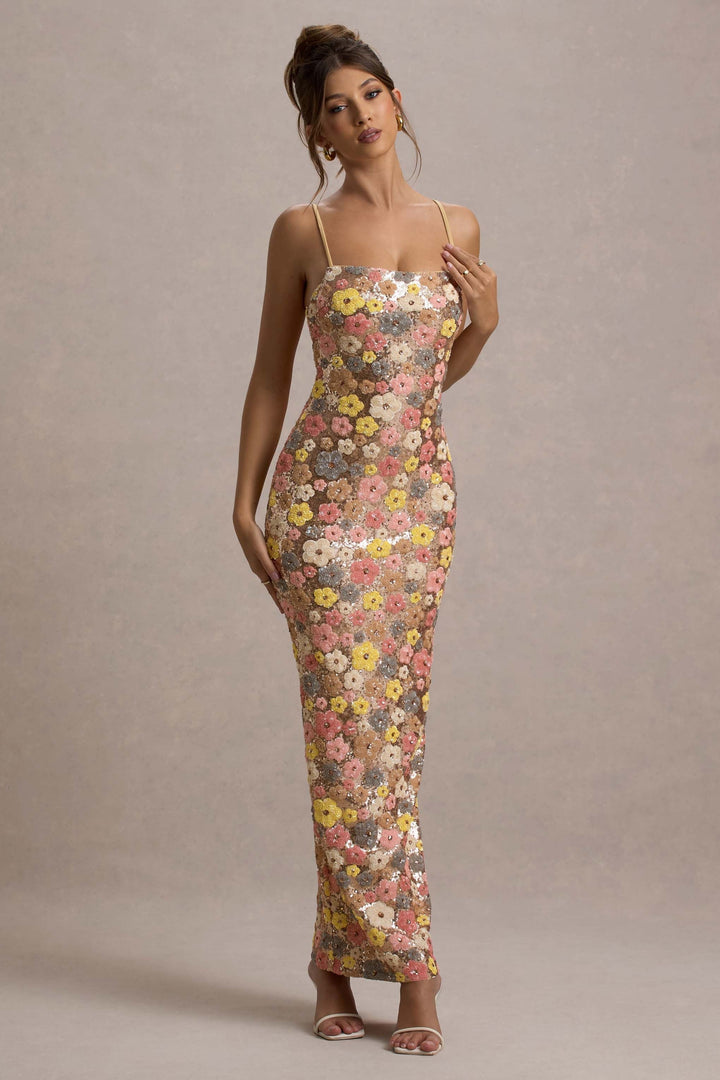 Damen Maxikleid mit Blumenmuster Paillettenoberfläche Spaghettiträgern und Geradem Ausschnitt