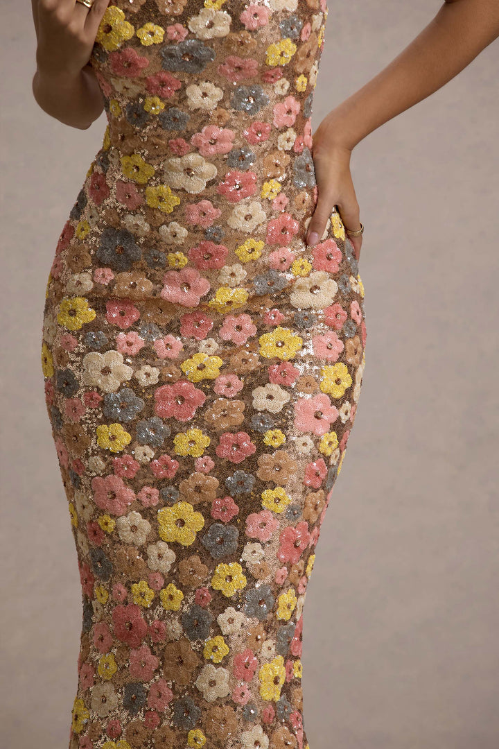 Damen Maxikleid mit Blumenmuster Paillettenoberfläche Spaghettiträgern und Geradem Ausschnitt
