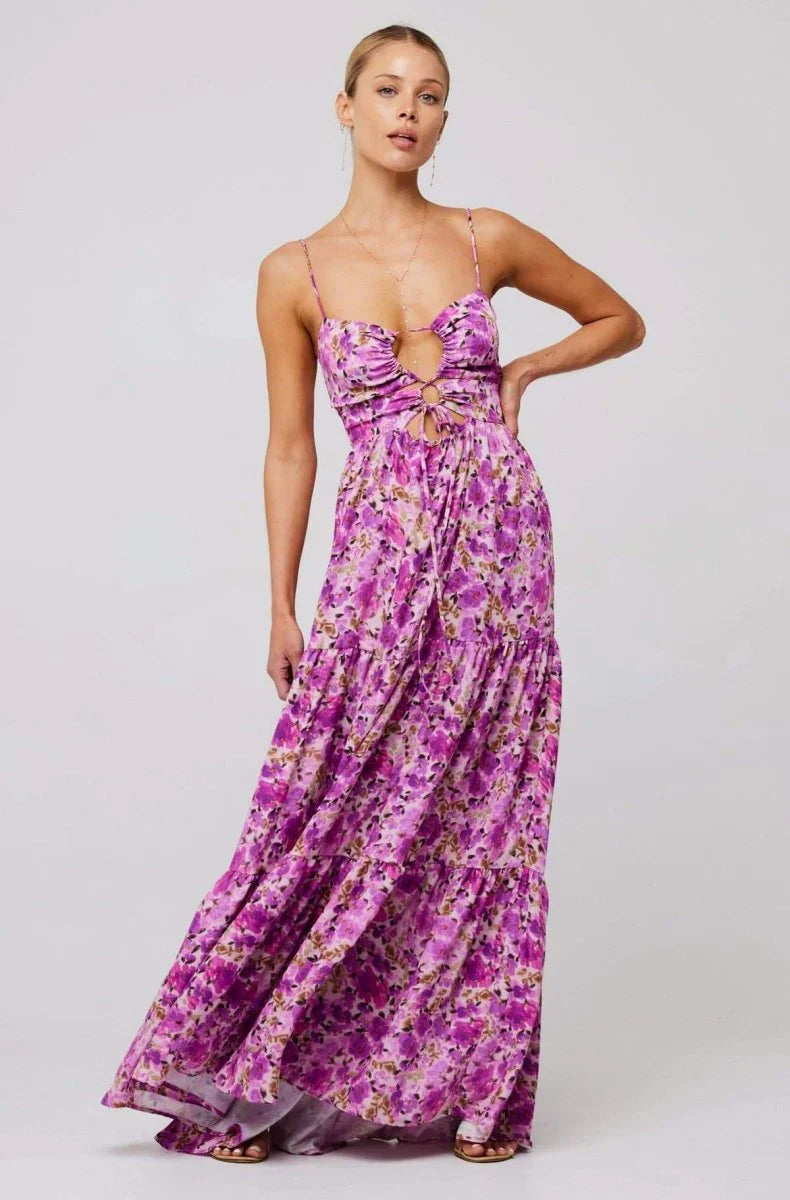 Damen Maxikleid mit Blumenmuster und Aussparungen mit Stufenrock und Spaghettiträgern