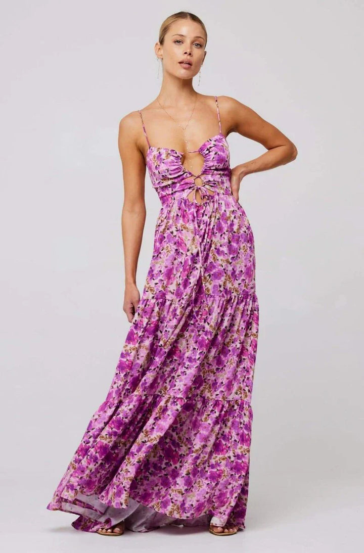 Damen Maxikleid mit Blumenmuster und Aussparungen mit Stufenrock und Spaghettiträgern
