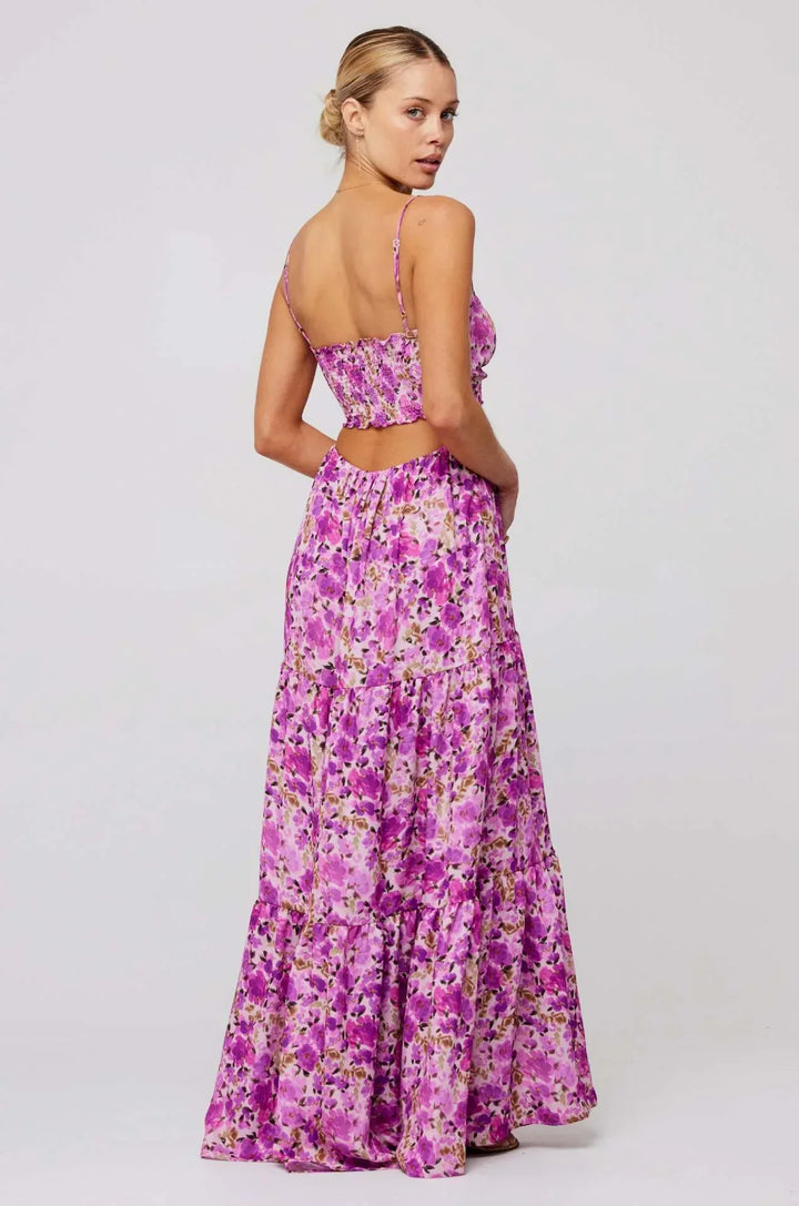 Damen Maxikleid mit Blumenmuster und Aussparungen mit Stufenrock und Spaghettiträgern