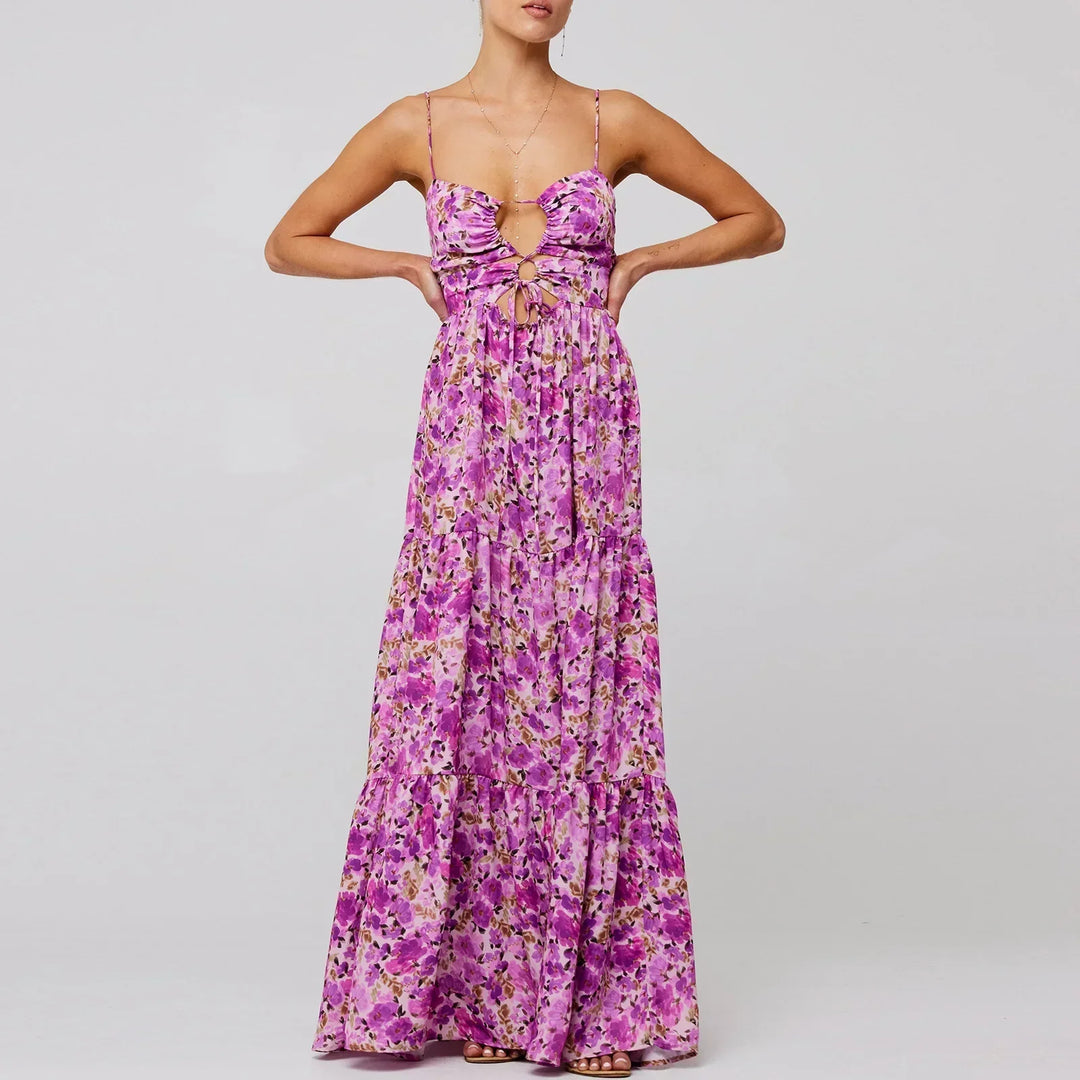 Damen Maxikleid mit Blumenmuster und Aussparungen mit Stufenrock und Spaghettiträgern
