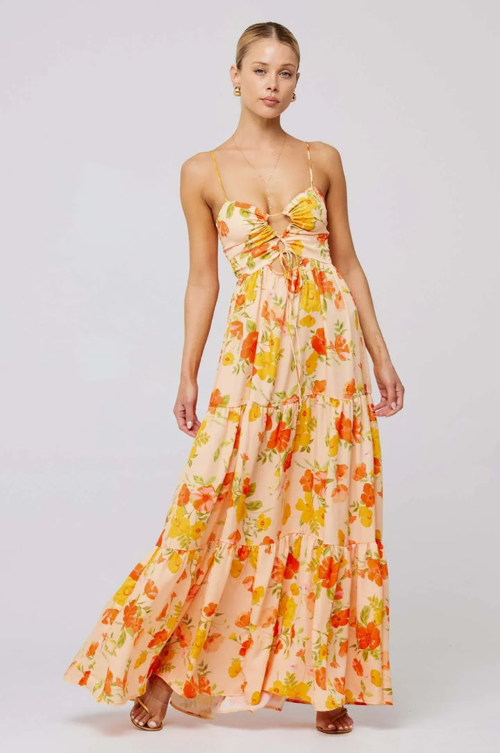 Damen Maxikleid mit Blumenmuster und Aussparungen mit Stufenrock und Spaghettiträgern
