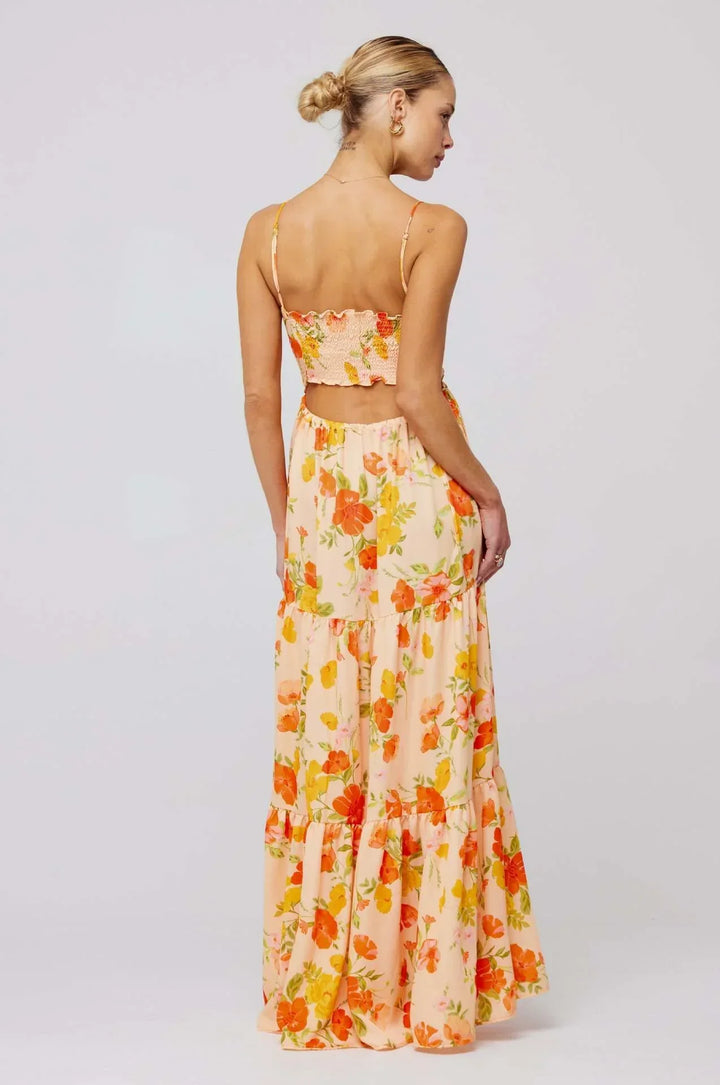 Damen Maxikleid mit Blumenmuster und Aussparungen mit Stufenrock und Spaghettiträgern