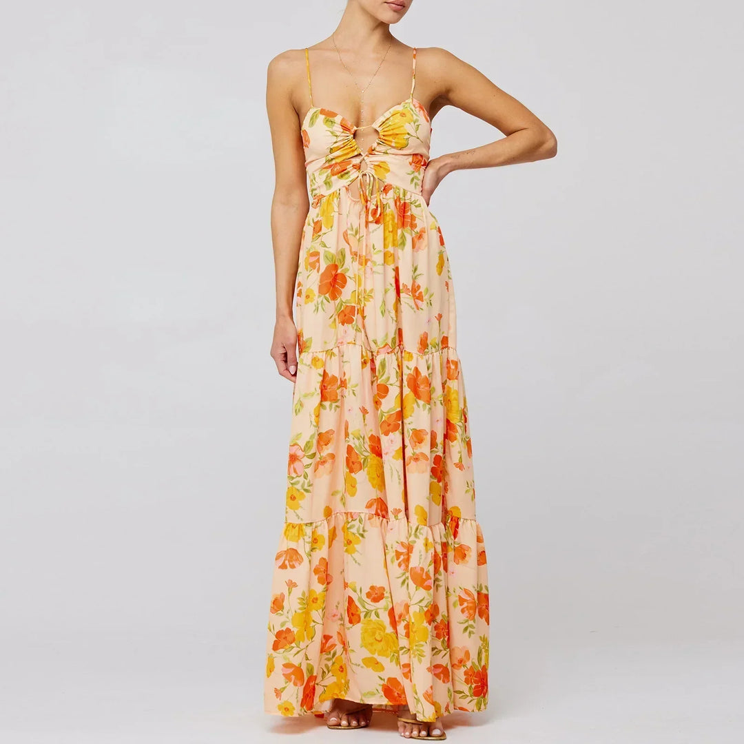 Damen Maxikleid mit Blumenmuster und Aussparungen mit Stufenrock und Spaghettiträgern
