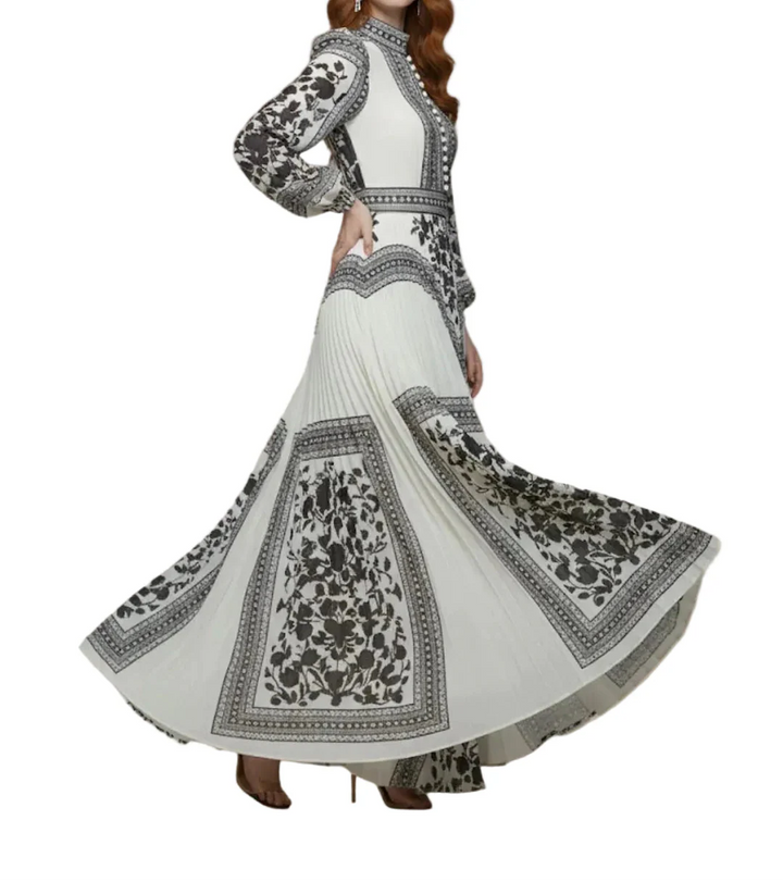 Damen Maxikleid mit Druckmuster und Plisseerock-Maxi Dress-Alpenkind