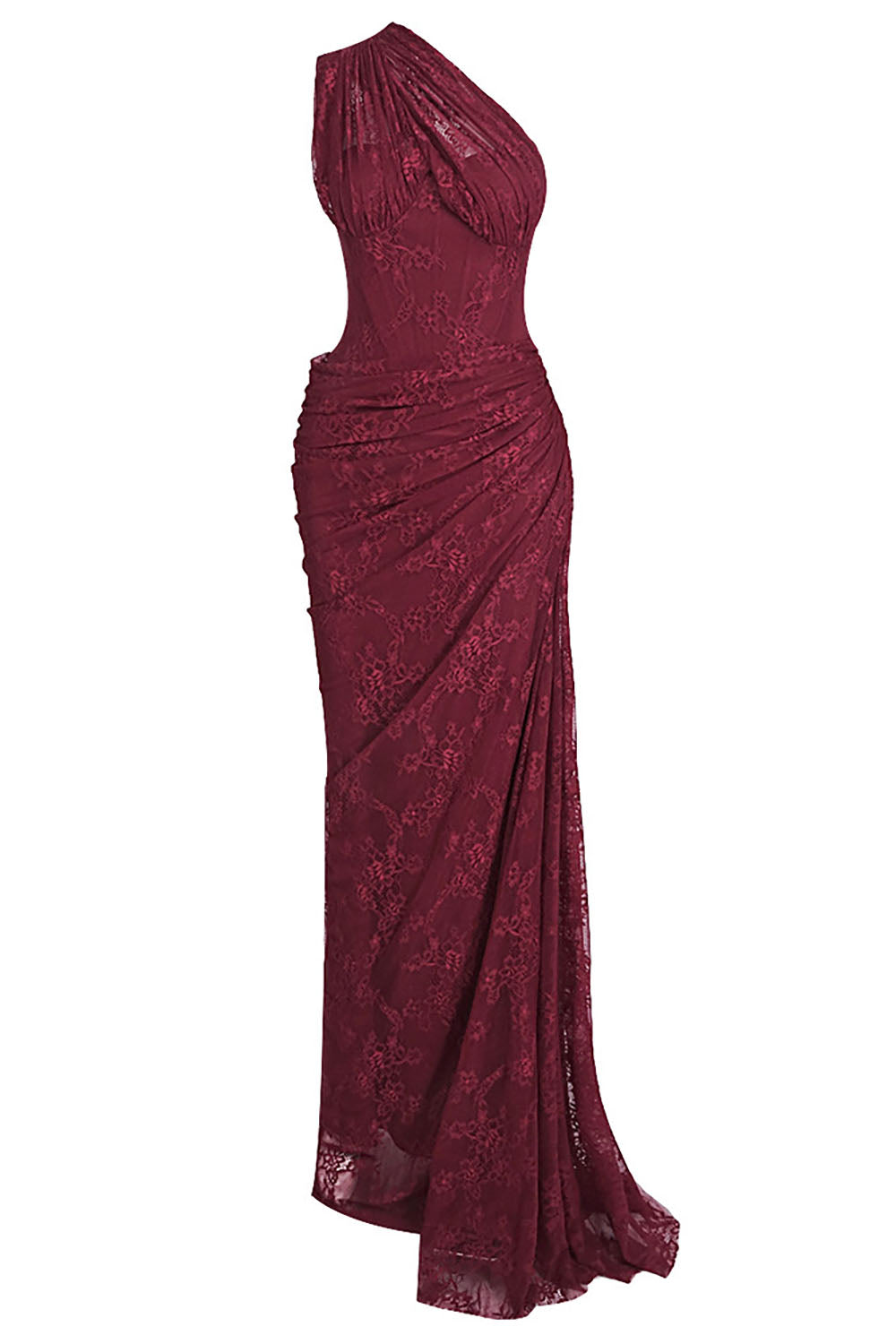 Damen Maxikleid mit einer Schulter und Spitzenmuster und gerafftem Rock