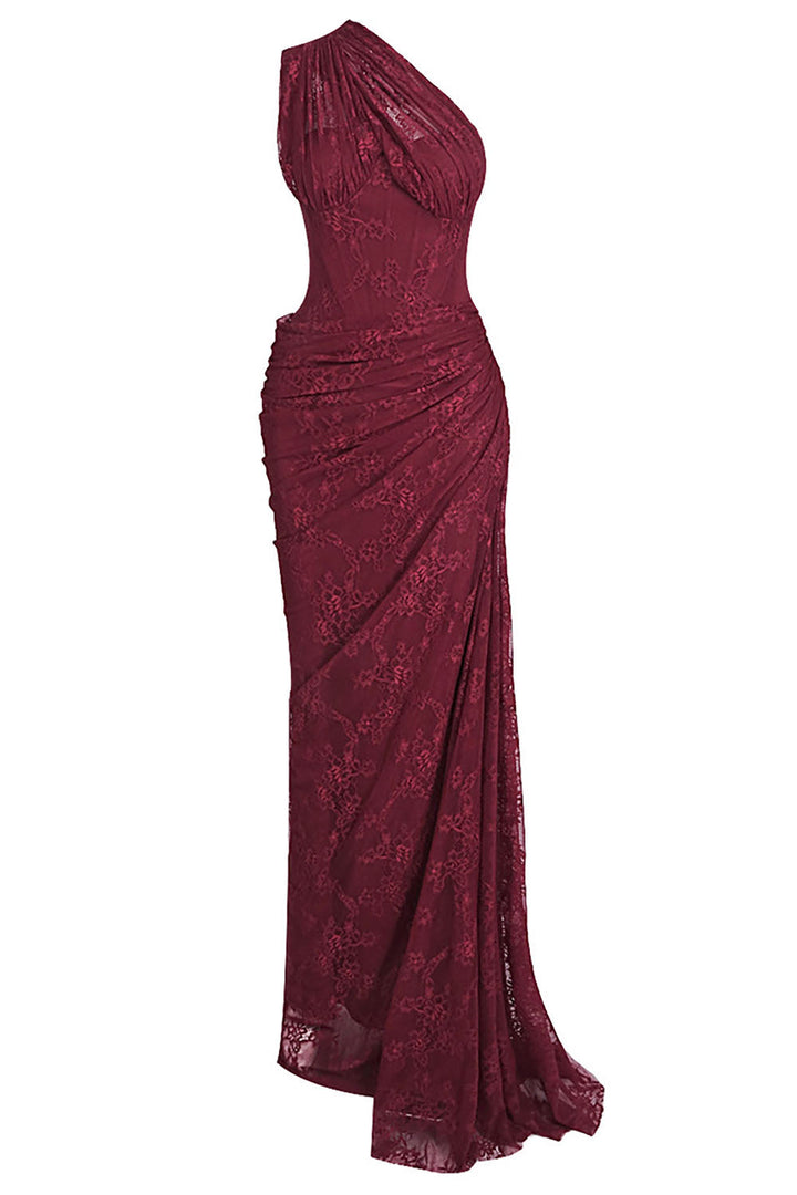Damen Maxikleid mit einer Schulter und Spitzenmuster und gerafftem Rock