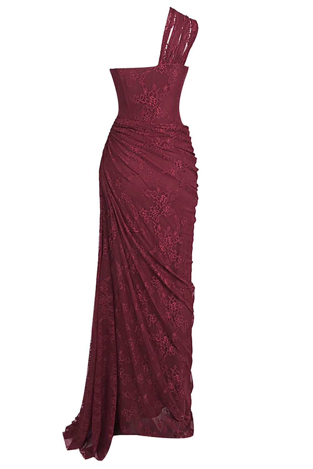 Damen Maxikleid mit einer Schulter und Spitzenmuster und gerafftem Rock