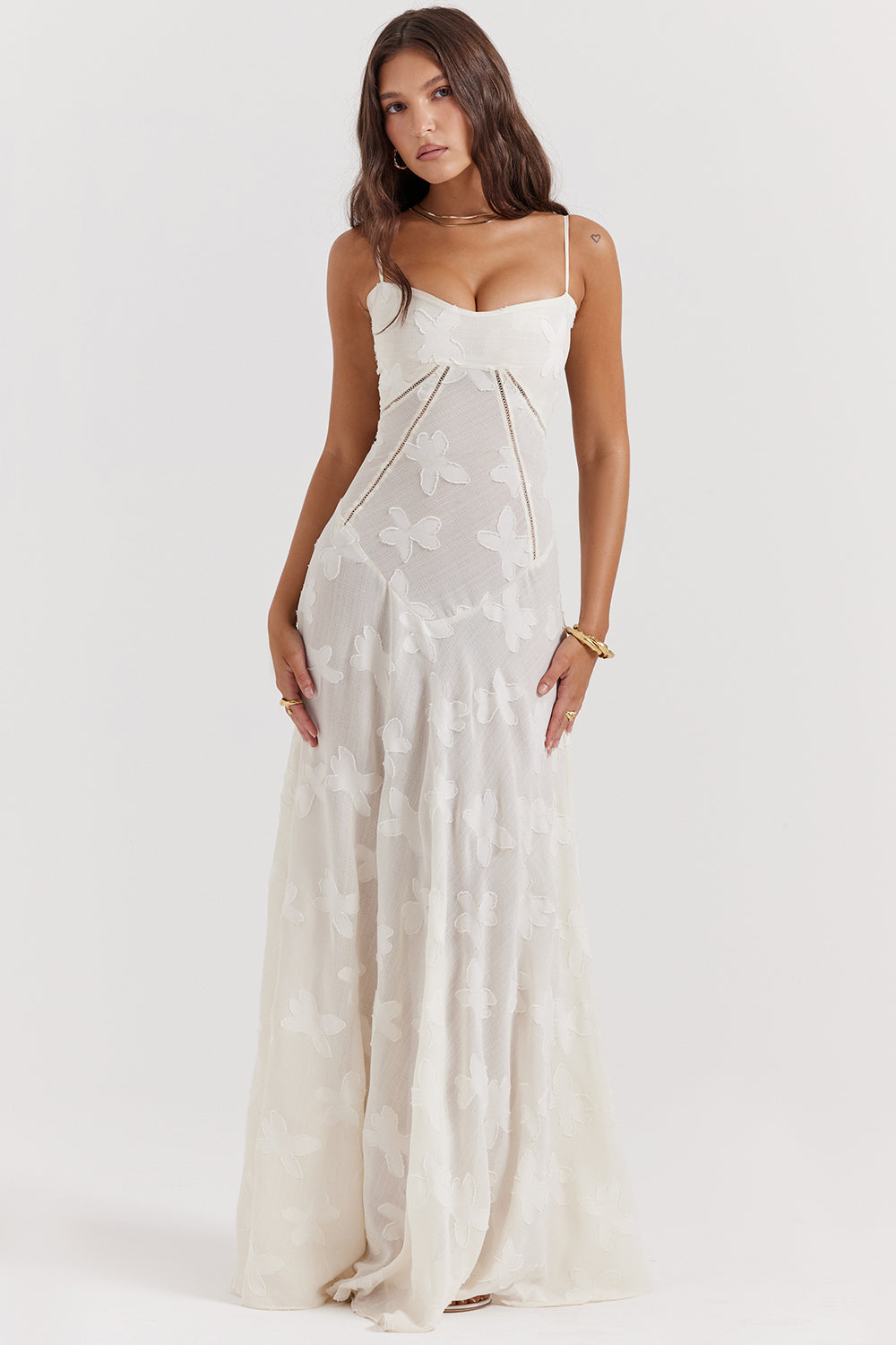 Damen Maxikleid mit Eingewebten Motiven Spaghettiträgern Herzausschnitt und Sichtbaren Nähten