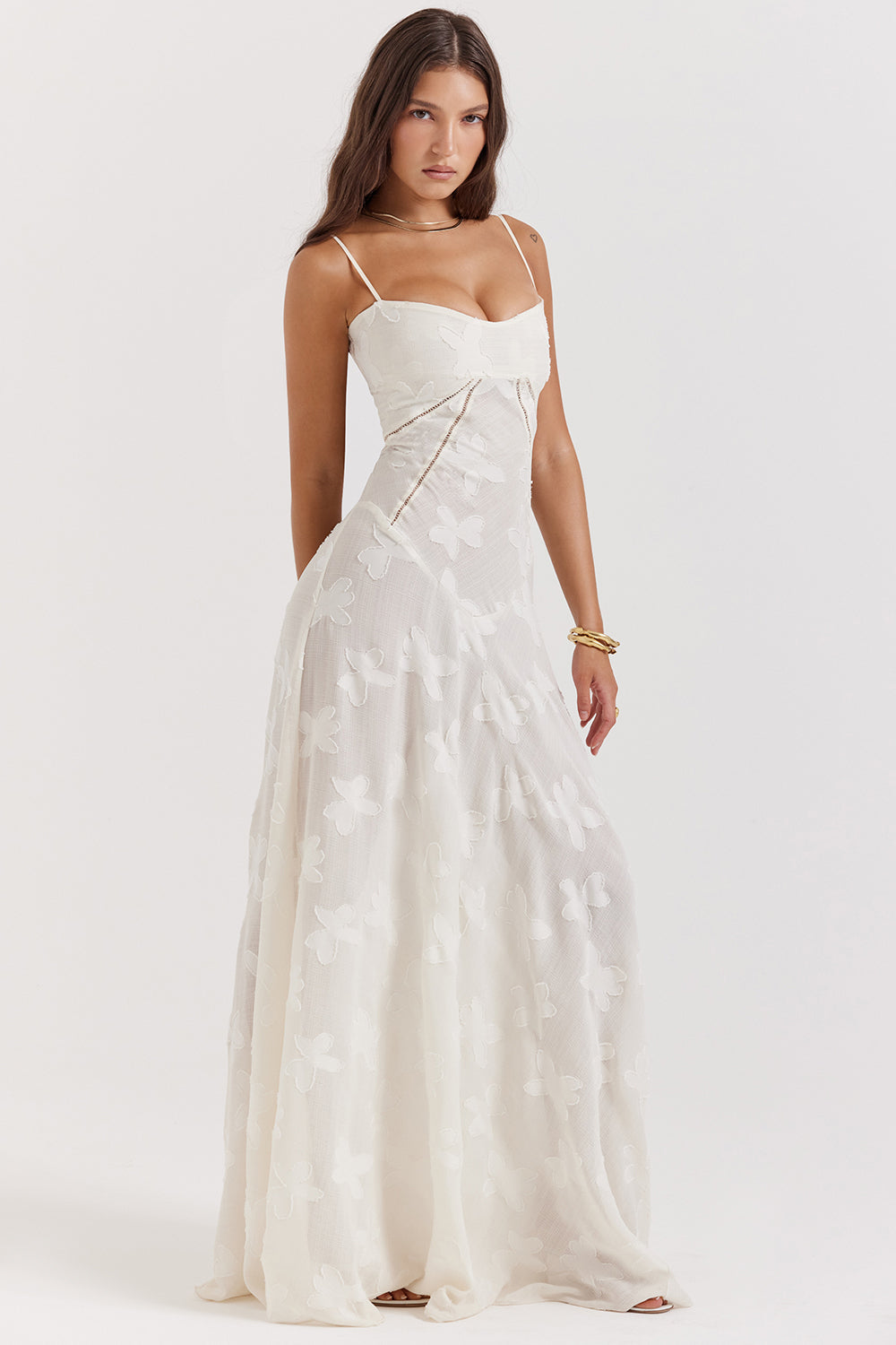 Damen Maxikleid mit Eingewebten Motiven Spaghettiträgern Herzausschnitt und Sichtbaren Nähten