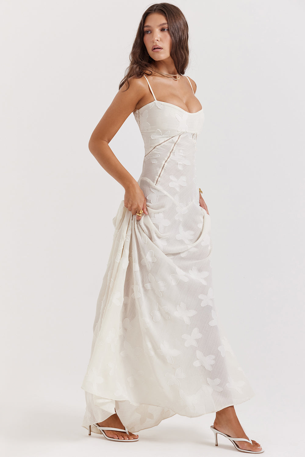 Damen Maxikleid mit Eingewebten Motiven Spaghettiträgern Herzausschnitt und Sichtbaren Nähten