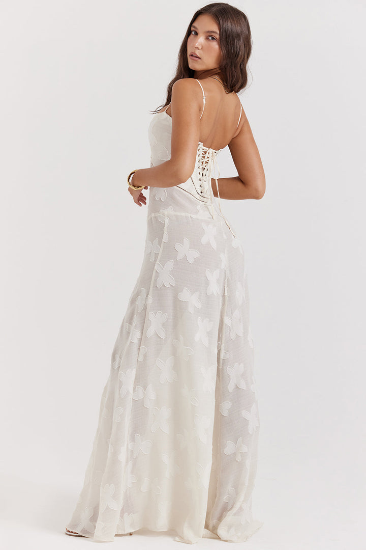 Damen Maxikleid mit Eingewebten Motiven Spaghettiträgern Herzausschnitt und Sichtbaren Nähten