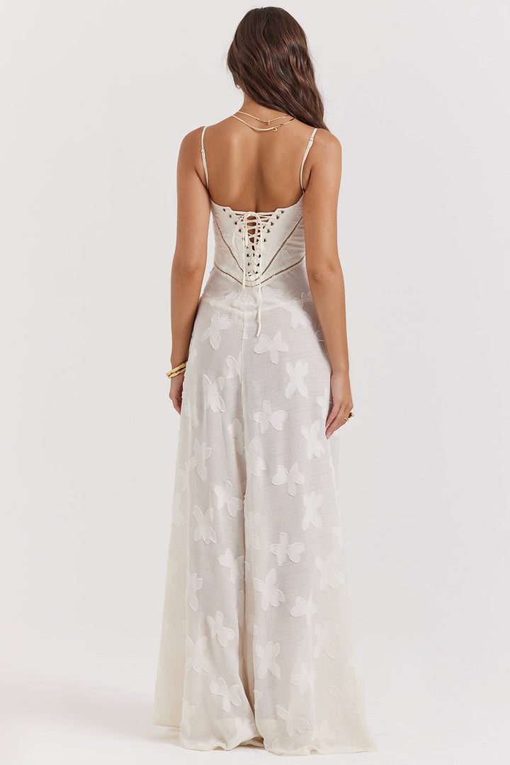 Damen Maxikleid mit Eingewebten Motiven Spaghettiträgern Herzausschnitt und Sichtbaren Nähten