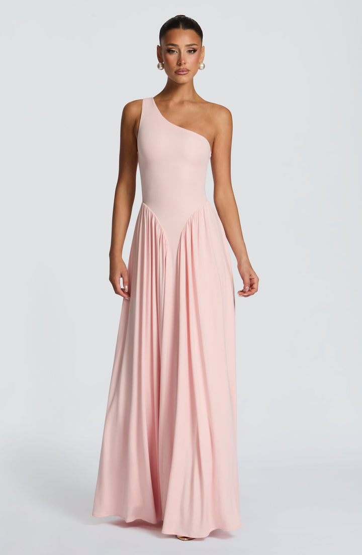 Damen Maxikleid mit Einschulter Ausschnitt und Gerafften Paneelen an der Hüfte