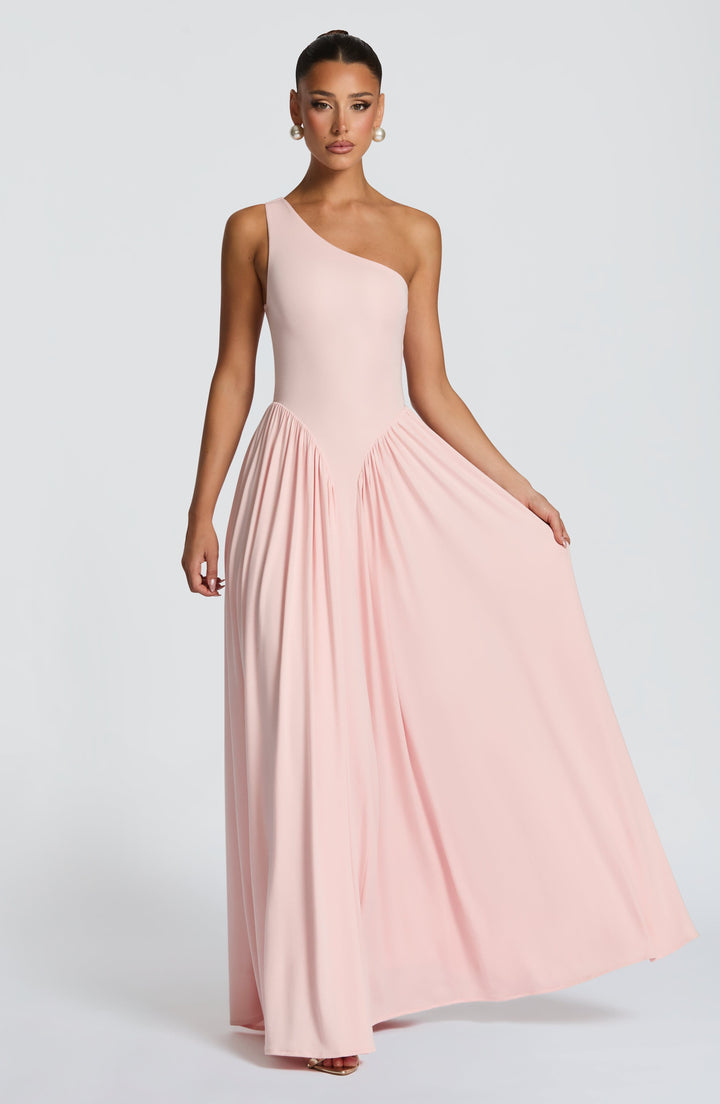 Damen Maxikleid mit Einschulter Ausschnitt und Gerafften Paneelen an der Hüfte