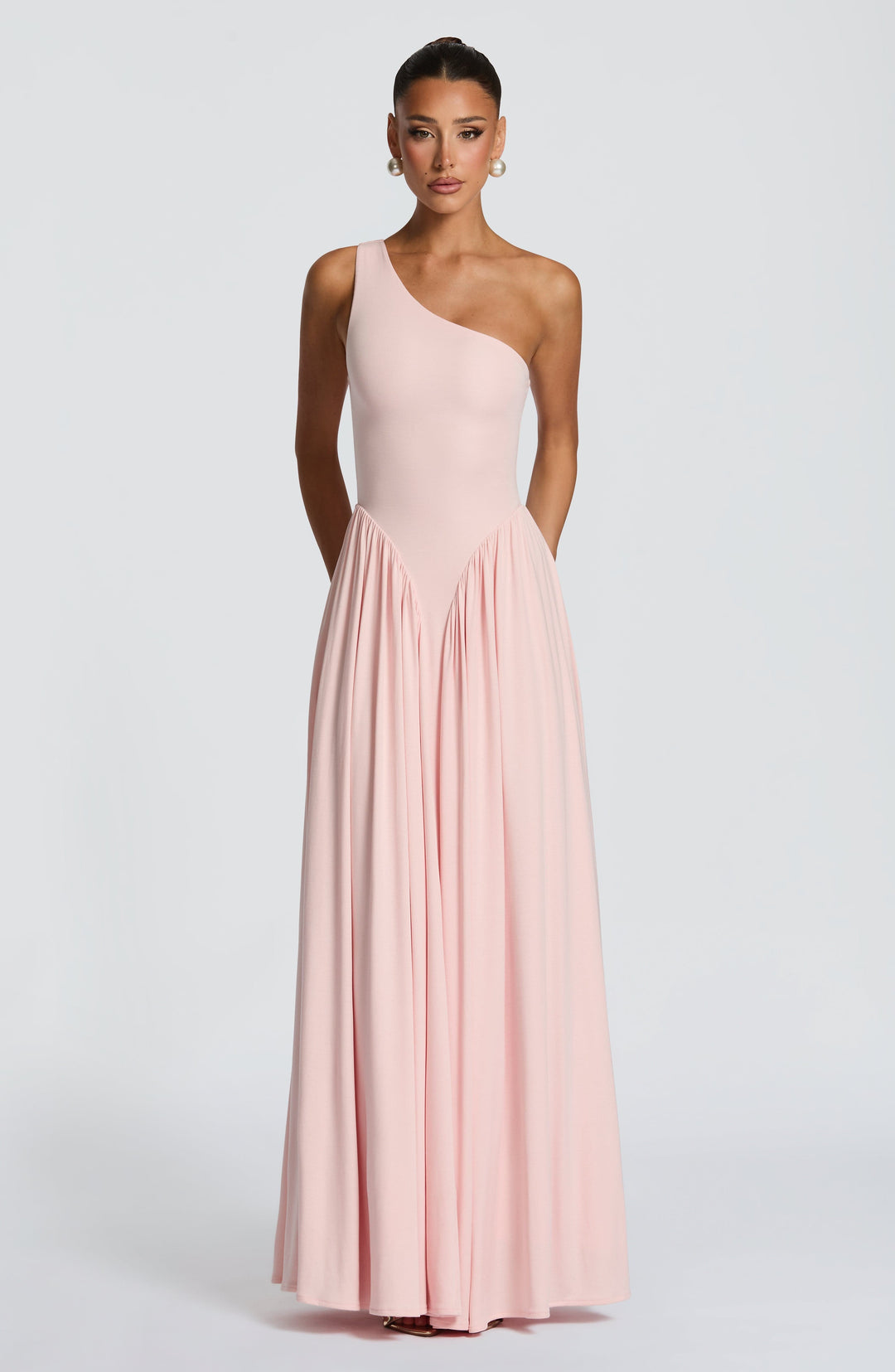 Damen Maxikleid mit Einschulter Ausschnitt und Gerafften Paneelen an der Hüfte