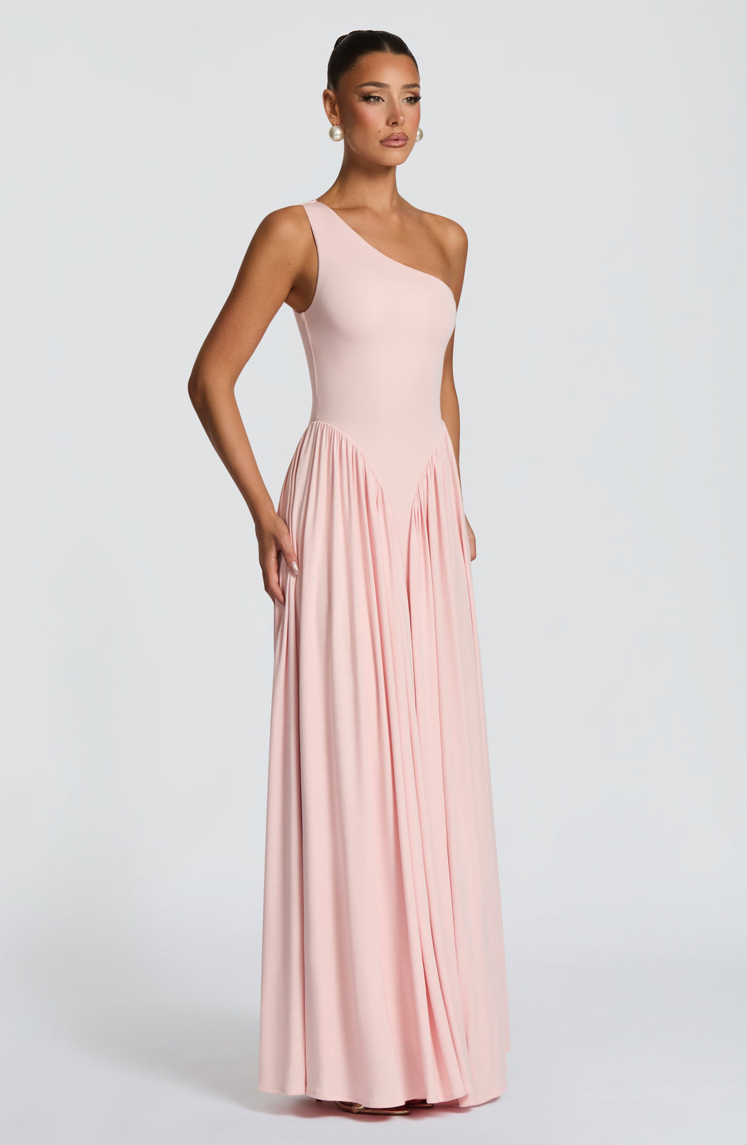 Damen Maxikleid mit Einschulter Ausschnitt und Gerafften Paneelen an der Hüfte