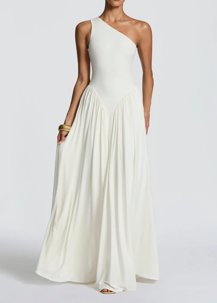 Damen Maxikleid mit Einschulter Ausschnitt und Gerafften Paneelen an der Hüfte
