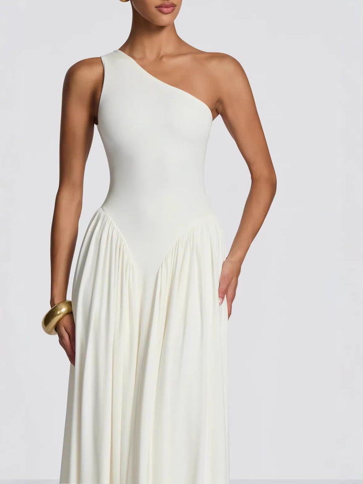 Damen Maxikleid mit Einschulter Ausschnitt und Gerafften Paneelen an der Hüfte