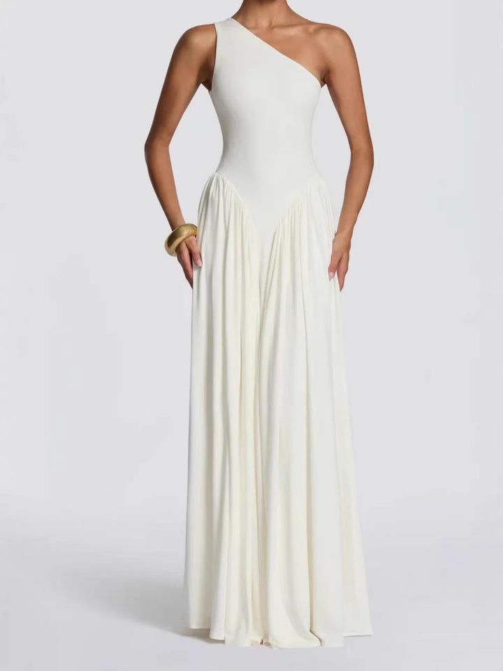 Damen Maxikleid mit Einschulter Ausschnitt und Gerafften Paneelen an der Hüfte
