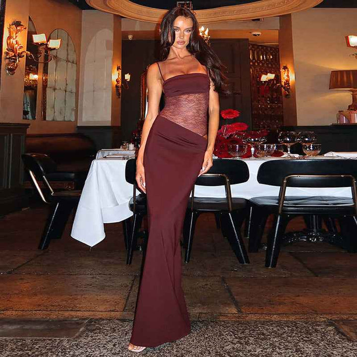 Damen Maxikleid mit geradem Ausschnitt und doppelten Spaghettiträgern mit floralem Spitzeneinsatz