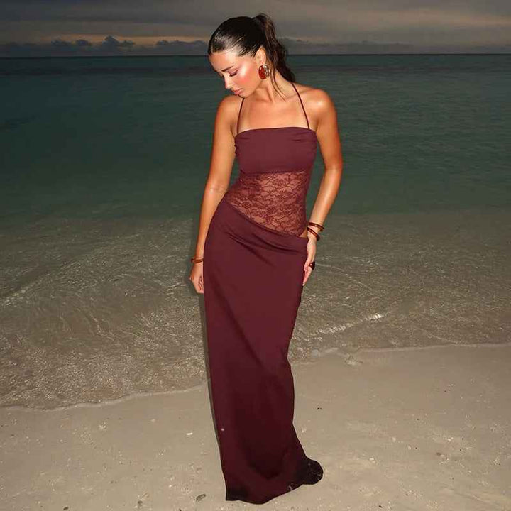 Damen Maxikleid mit geradem Ausschnitt und doppelten Spaghettiträgern mit floralem Spitzeneinsatz