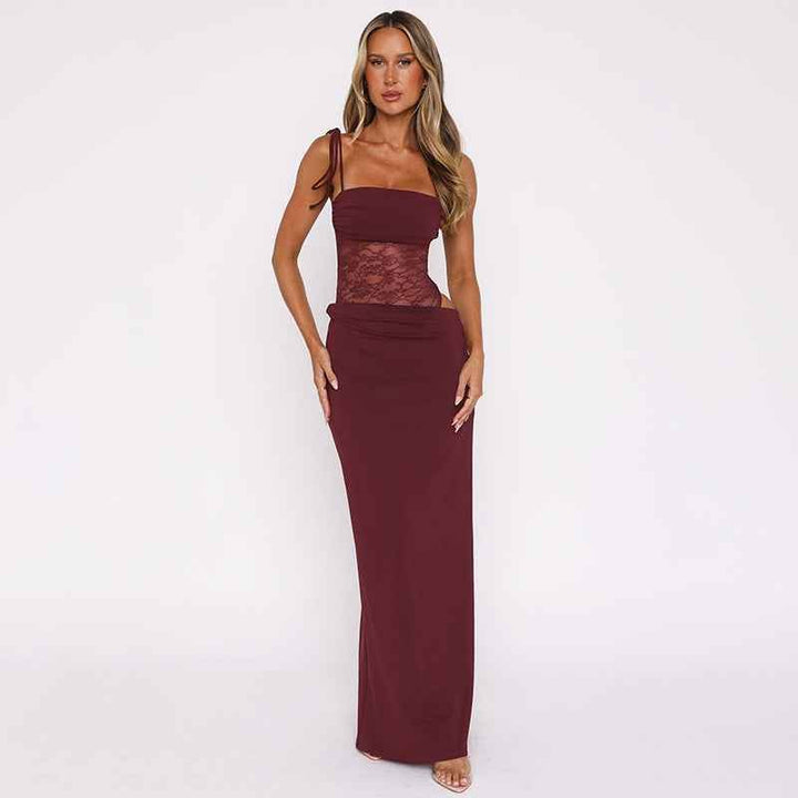 Damen Maxikleid mit geradem Ausschnitt und doppelten Spaghettiträgern mit floralem Spitzeneinsatz