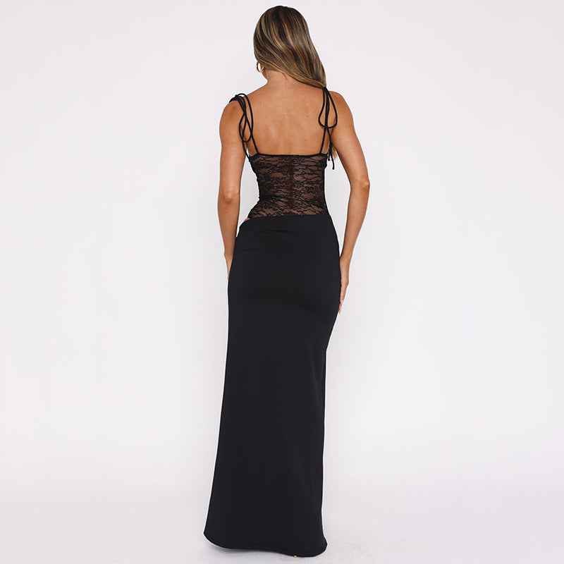 Damen Maxikleid mit geradem Ausschnitt und doppelten Spaghettiträgern mit floralem Spitzeneinsatz
