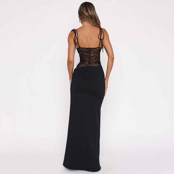 Damen Maxikleid mit geradem Ausschnitt und doppelten Spaghettiträgern mit floralem Spitzeneinsatz