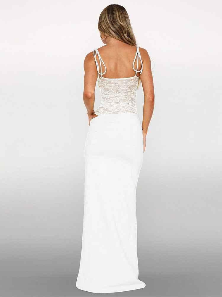 Damen Maxikleid mit geradem Ausschnitt und doppelten Spaghettiträgern mit floralem Spitzeneinsatz