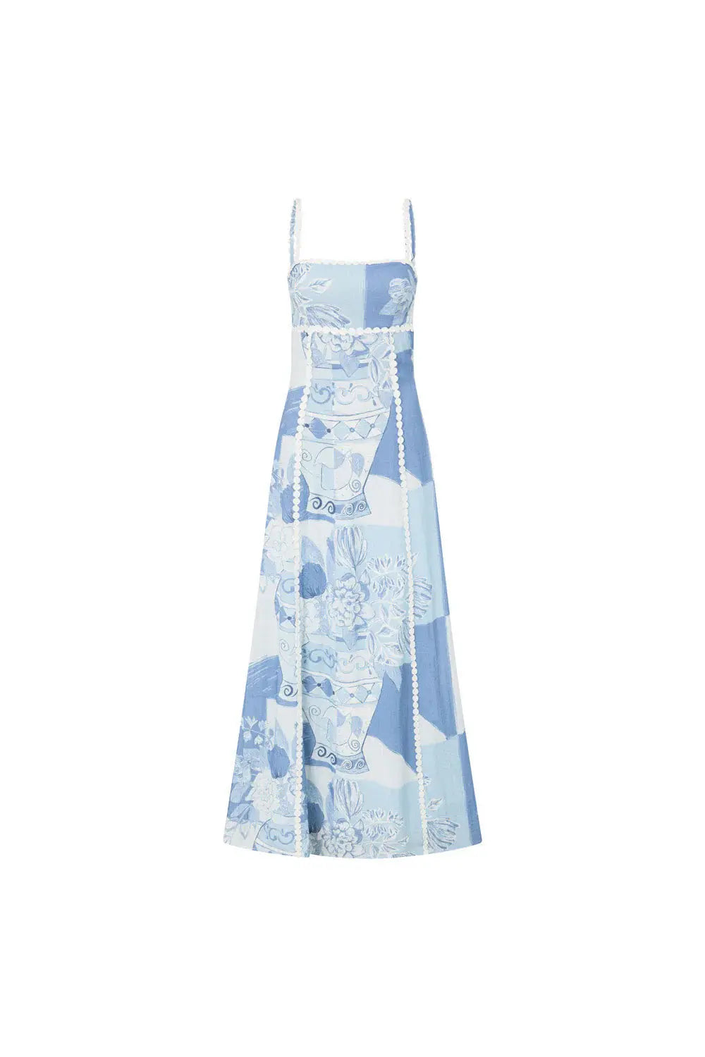 Damen Maxikleid mit geradem Ausschnitt und schmalen Trägern mit Zierborte und illustrativem Druckmuster