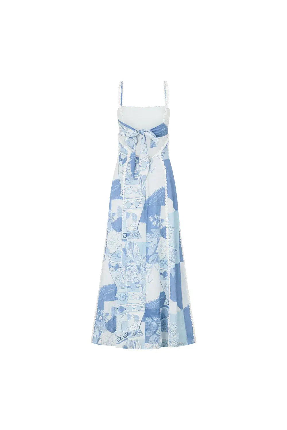 Damen Maxikleid mit geradem Ausschnitt und schmalen Trägern mit Zierborte und illustrativem Druckmuster