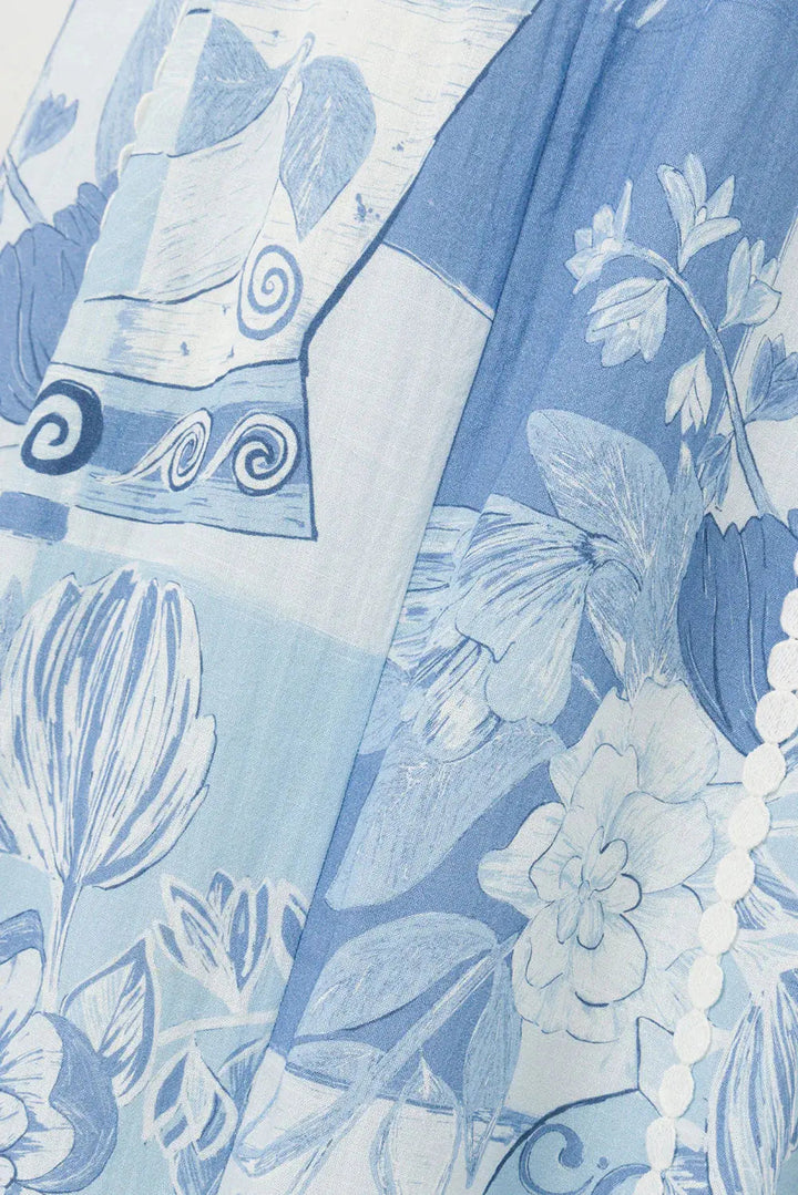 Damen Maxikleid mit geradem Ausschnitt und schmalen Trägern mit Zierborte und illustrativem Druckmuster