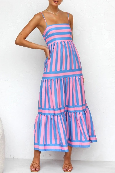 Damen Maxikleid mit geradem Ausschnitt und Spaghettiträgern mit Stufenrock und Streifenmuster