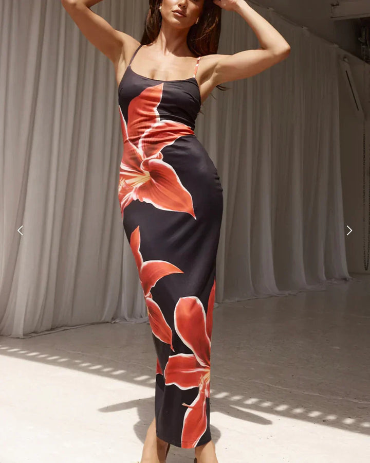 Damen Maxikleid mit großflächigem Blumenmuster geradem Ausschnitt und Spaghettiträgern