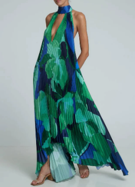 Damen Maxikleid mit Halterkragen und Plissierter Struktur-Maxi Dress-Alpenkind