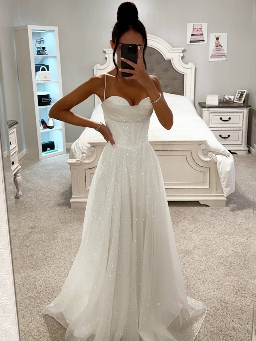 Damen Maxikleid mit Herzausschnitt Spaghettiträgern und glitzerndem Tüllrock