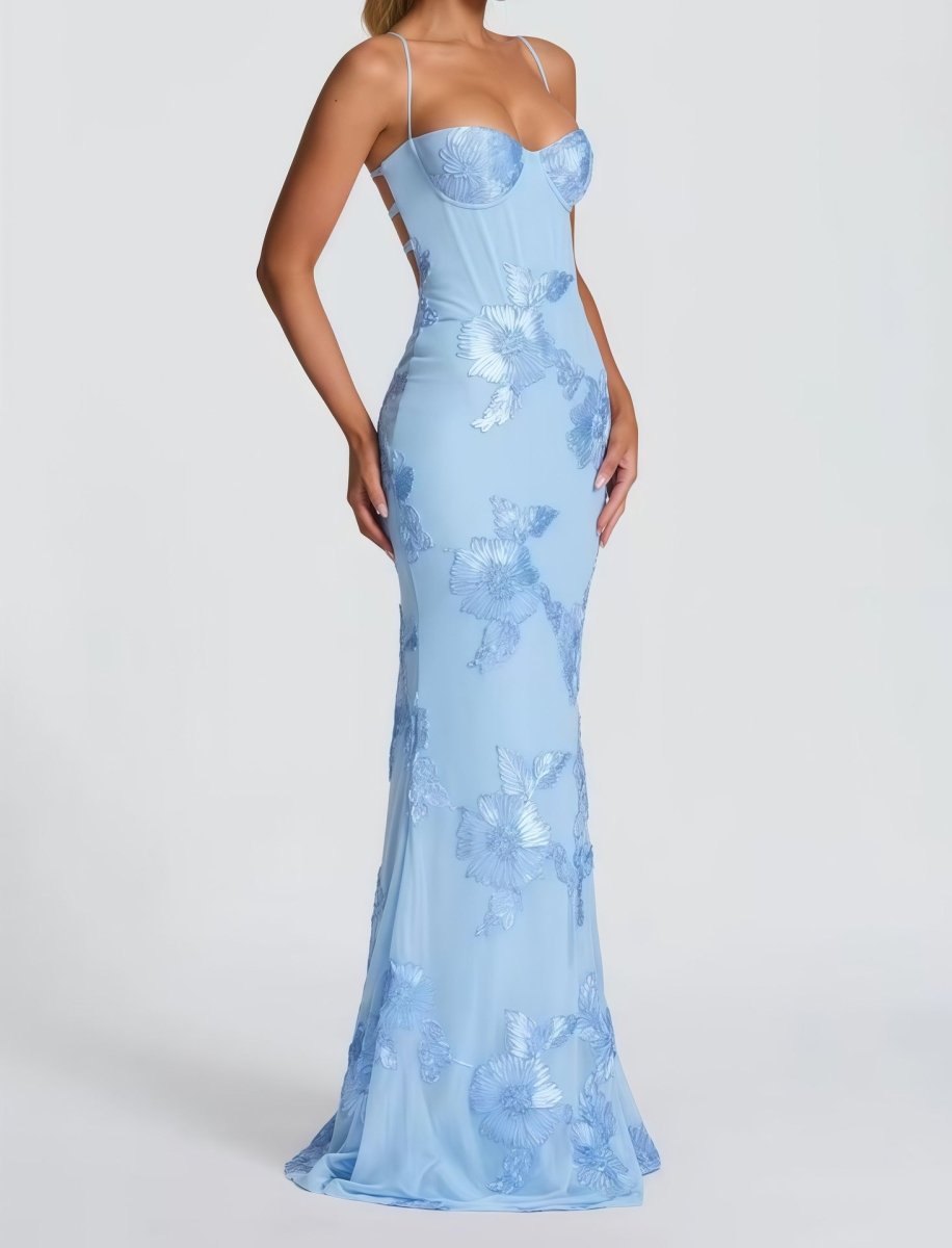 Damen Maxikleid mit Herzausschnitt und Spaghettiträgern mit Schnürung am Rücken und Blumenapplikationen