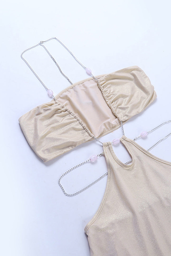 Damen Maxikleid mit Ketten Trägern und Öffnungen im Taillenbereich und offenem Rücken