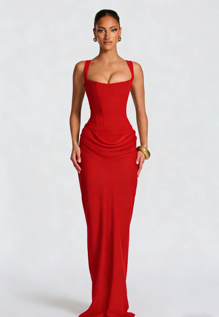 Damen Maxikleid mit Korsettoberteil und Breiten Schulterträgern