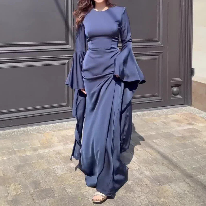 Damen Maxikleid mit Langen Ärmeln, Glockenbündchen und Drapierten Rockbahnen-Maxi Dress-Alpenkind