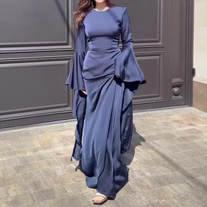 Damen Maxikleid mit Langen Ärmeln, Glockenbündchen und Drapierten Rockbahnen-Maxi Dress-Alpenkind