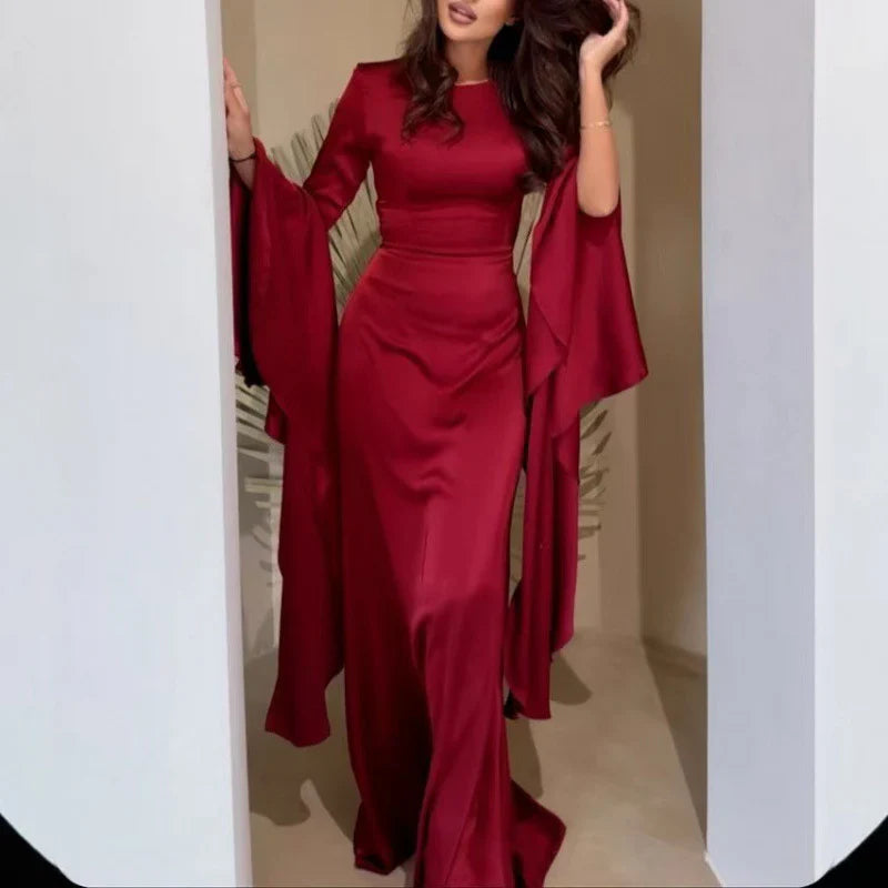 Damen Maxikleid mit Langen Ärmeln, Glockenbündchen und Drapierten Rockbahnen-Maxi Dress-Alpenkind