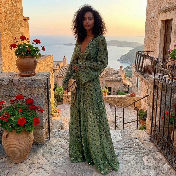 Damen Maxikleid mit langen Ärmeln und V-Ausschnitt-Maxi Dress-Alpenkind