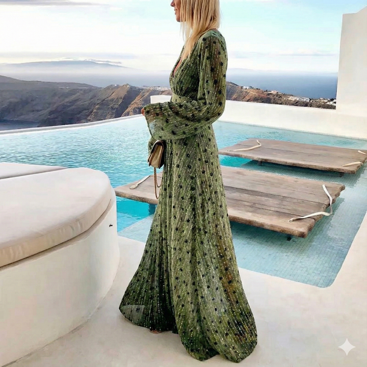 Damen Maxikleid mit langen Ärmeln und V-Ausschnitt-Maxi Dress-Alpenkind