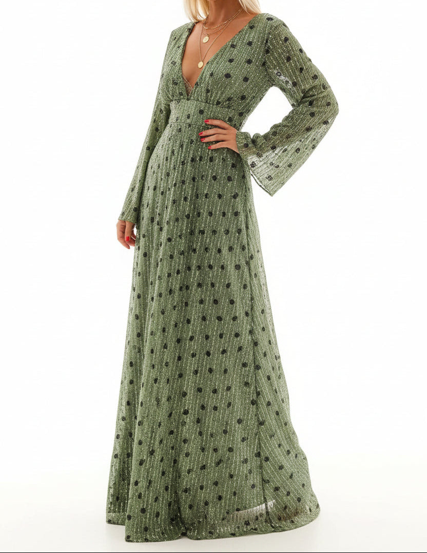 Damen Maxikleid mit langen Ärmeln und V-Ausschnitt-Maxi Dress-Alpenkind