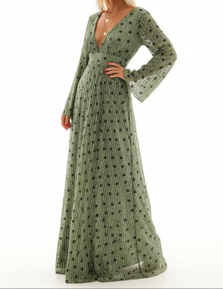 Damen Maxikleid mit langen Ärmeln und V-Ausschnitt-Maxi Dress-Alpenkind